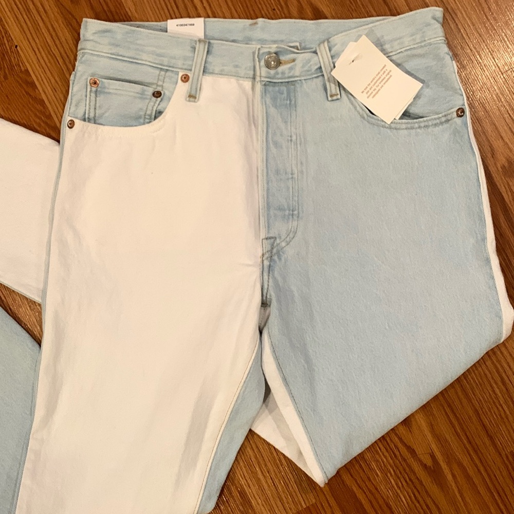 NWT Levi Color Block Jeans 501 Skinny White & Light Blue Wash